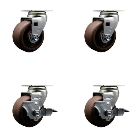 Service Caster 4'' High Temp Glass Filled Nylon Swivel Caster Set w/Bronze Bearings 2 Brakes, 4PK SCC-20S420-GFNBZHT-2-TLB-2